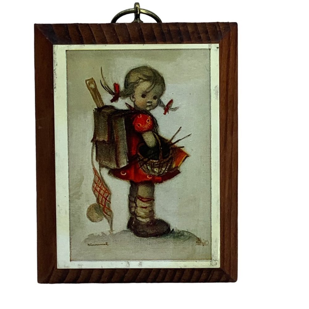 Vtg Hummel Girl with Basket Paper on Wood Wall Art Plaque Print 4.5"x3.5" German